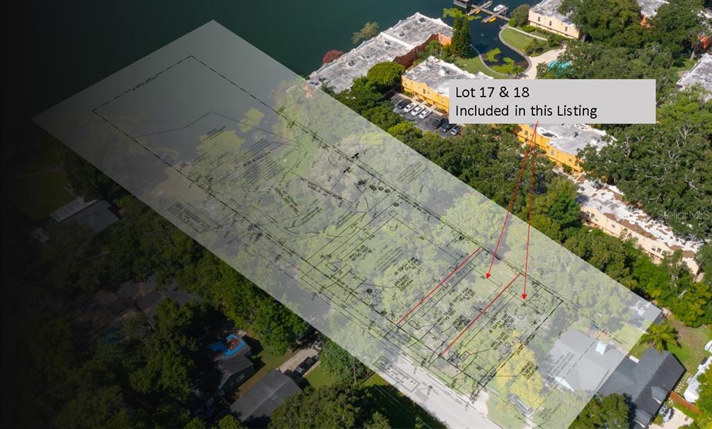 An aerial view shows a property site plan overlaid on a wooded residential lot — 2812 KEYSTONE DRIVE Lot 17 & 18, ORLANDO, FL