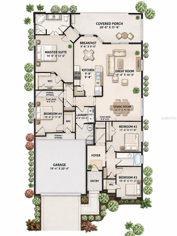 This floor plan shows a four-bedroom, two-bathroom home with a garage and a covered porch — 620 OLD BRIDGE CIRCLE, DAVENPORT, FL