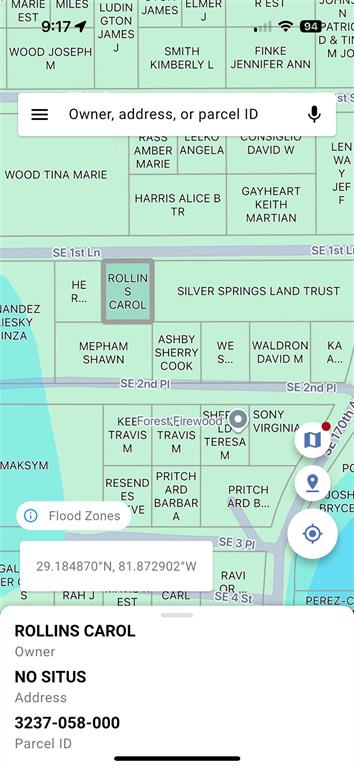 This is a digital map showing property parcel boundaries and owner names in a residential area — TBD Lot 58 SE 1ST LANE, SILVER SPRINGS, FL