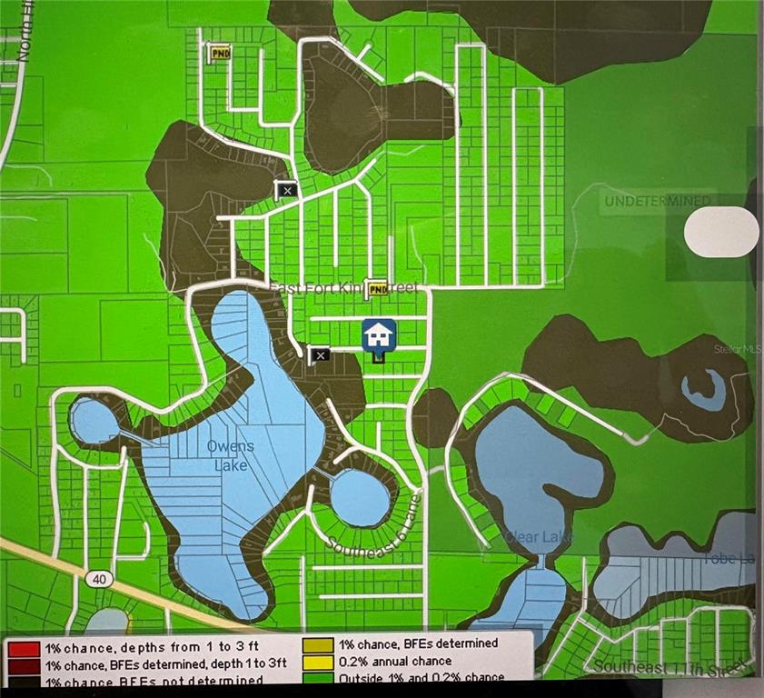 This is a flood zone map showing a property location in relation to nearby lakes — TBD Lot 58 SE 1ST LANE, SILVER SPRINGS, FL