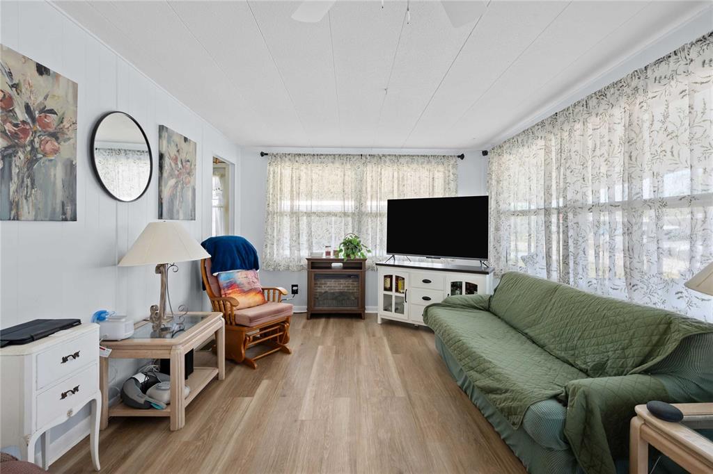 A living room features light wood-look flooring, a green sofa, and a television on a stand — 5301 FLINT STREET, ZEPHYRHILLS, FL