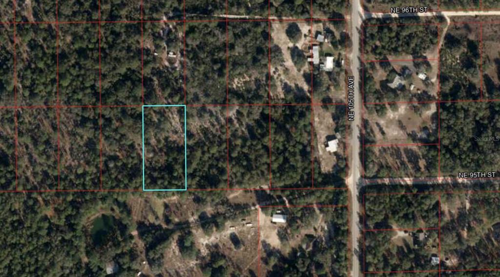 This is an aerial map view showing a rectangular plot of land outlined in blue — TBD NE 95TH STREET, BRONSON, FL