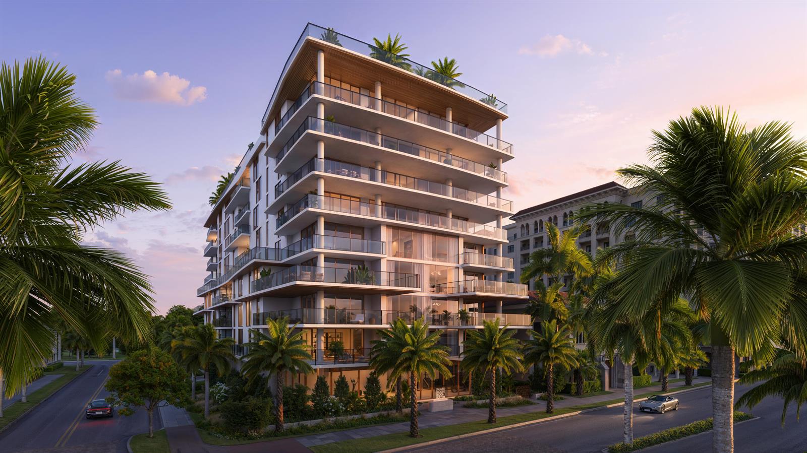 A digital rendering of a modern multi-story apartment building surrounded by palm trees at sunset — 280 E Palmetto Park Road # 31, Boca Raton FL 33432, BOCA RATON, FL
