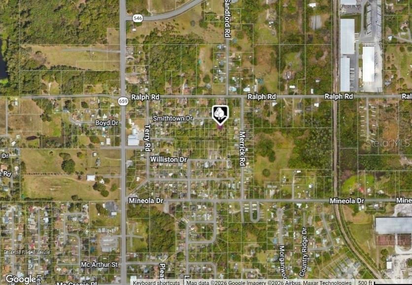 This is a satellite map view showing residential streets and properties in a suburban area — 2758 SMITHTOWN DRIVE, LAKELAND, FL