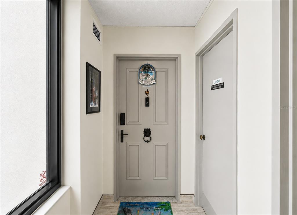An entryway features a gray front door, a laundry closet, and a window with black trim — 3051 S ATLANTIC AVENUE UNIT V060, DAYTONA BEACH SHORES, FL