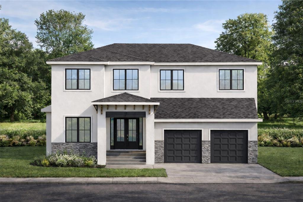 This is a rendering of a two-story house with a white stucco facade and two-car garage — 4620 W BAY VILLA AVENUE, TAMPA, FL