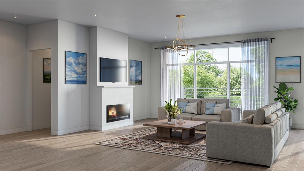 This rendering shows a modern living room with a fireplace, television, and neutral furniture — 4620 W BAY VILLA AVENUE, TAMPA, FL