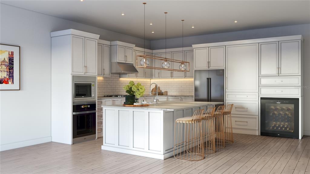 This rendering shows a modern kitchen with white cabinetry, a central island, and gold lighting — 4620 W BAY VILLA AVENUE, TAMPA, FL