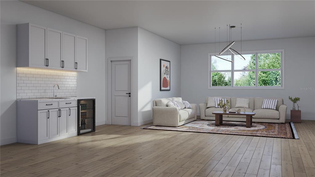 This rendering shows a living room with a wet bar, white cabinetry, and light wood flooring — 4620 W BAY VILLA AVENUE, TAMPA, FL