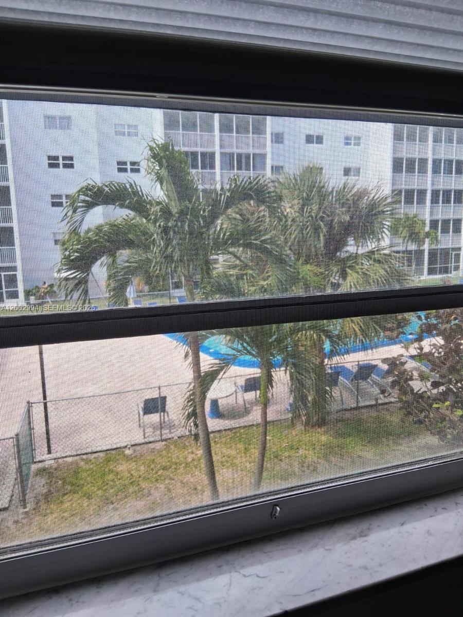 A view through a window screen shows a swimming pool, palm trees, and an apartment building — 301 NE 14th Ave # 202, Hallandale Beach FL 33009, HALLANDALE BEACH, FL