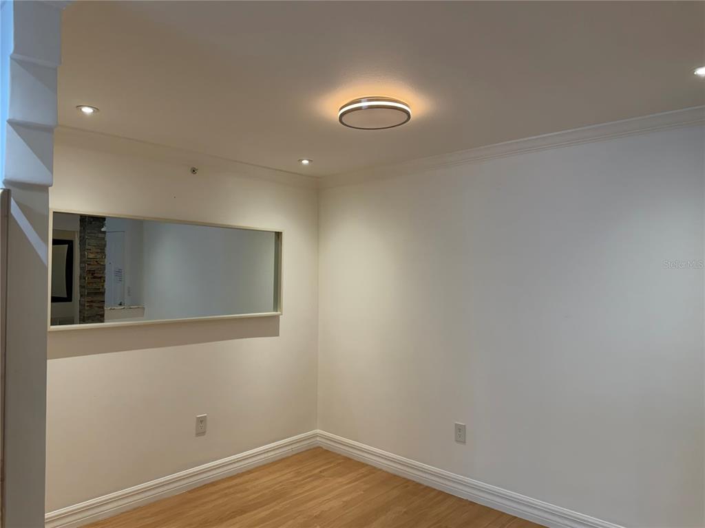 A room with light wood flooring, white walls, a rectangular wall mirror, and ceiling lighting — 18593 BRIDLE CLUB DRIVE, TAMPA, FL