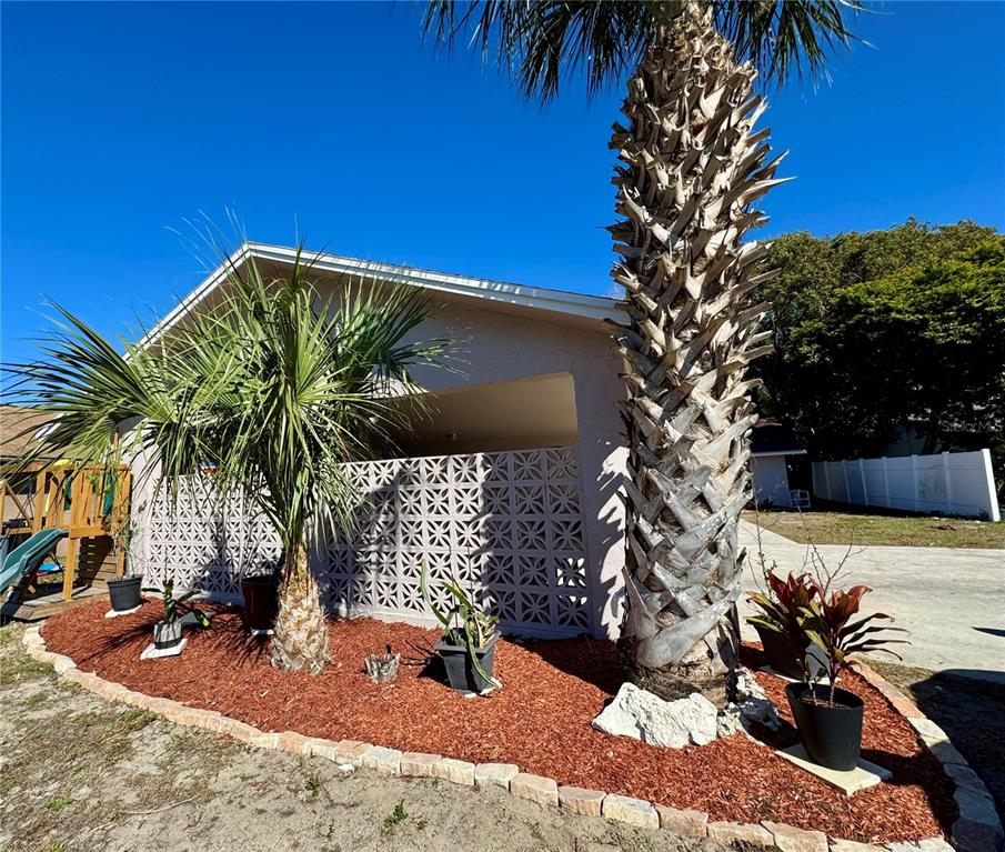 A palm tree and potted plants sit in a mulched garden bed before a carport — 7116-7118 GREEN STREET, NEW PORT RICHEY, FL