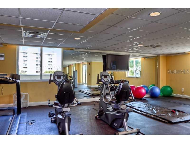 This fitness room features two stationary bikes, a treadmill, exercise balls, and a mirrored wall — 800 N. TAMIAMI TRAIL UNIT 303, SARASOTA, FL