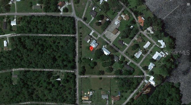 This is a satellite map view of a residential property and surrounding neighborhood streets — 103 LAKE VIEW TERRACE, CRESCENT CITY, FL