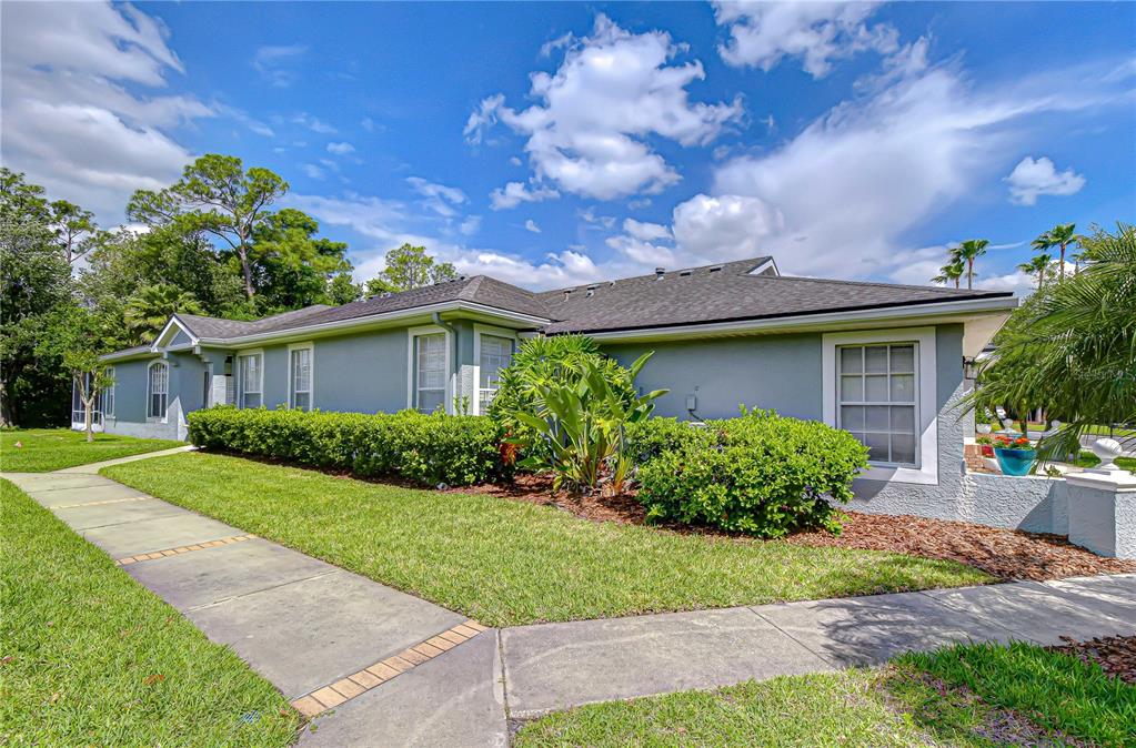A living room features dark leather furniture, hardwood floors, a ceiling fan, and sliding glass doors — 9815 GINGERWOOD DRIVE, TAMPA, FL