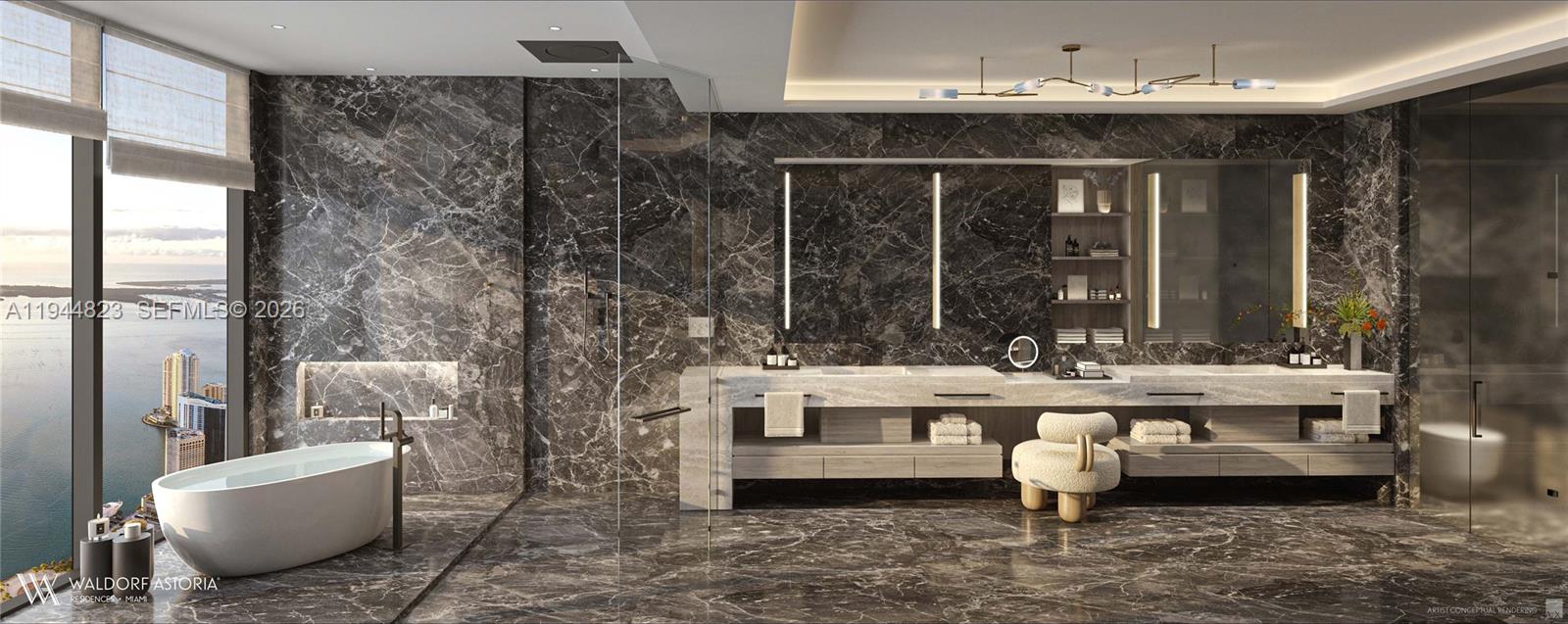 This rendering shows a luxury bathroom with dark marble walls, a soaking tub, and double vanity — 249 NE 3 ST # 8004, Miami FL 33132, MIAMI, FL