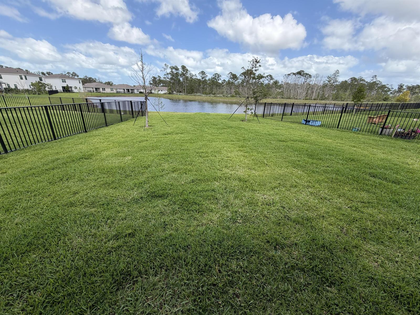 A grassy backyard features a black metal fence overlooking a pond under a cloudy sky — 6781 SE Park Trace Drive, Stuart FL 34997, STUART, FL