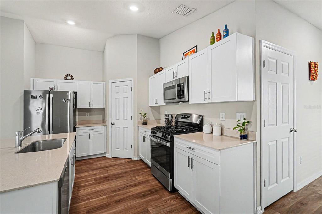 A kitchen features white cabinets, stainless steel appliances, light countertops, and wood-look flooring — 14919 STERLING SPUR AVENUE, LITHIA, FL