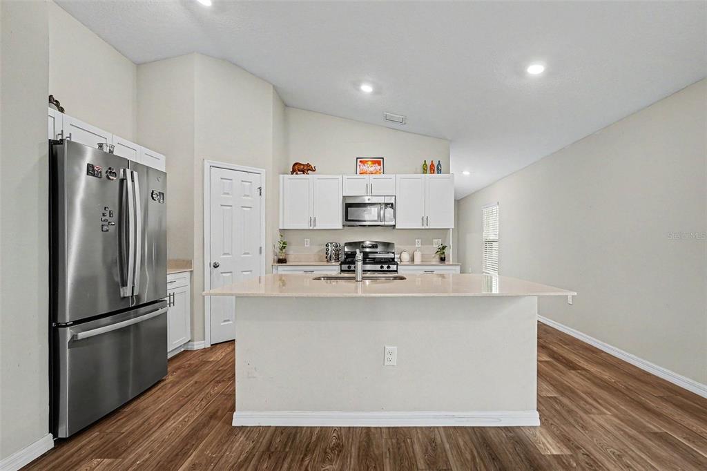 A kitchen features white cabinets, stainless steel appliances, a center island, and wood-look flooring — 14919 STERLING SPUR AVENUE, LITHIA, FL