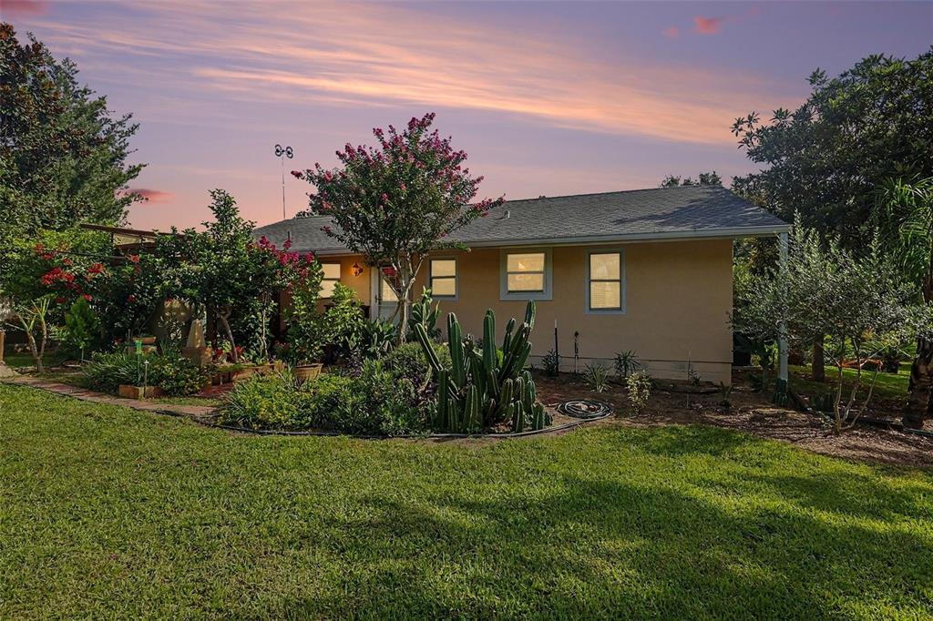A single-story house with a tan exterior, a landscaped yard, and a sunset sky — 7480 E HIGHWAY 25, BELLEVIEW, FL