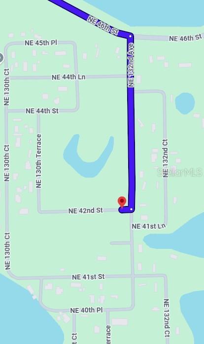 This is a map showing a street route leading to a specific location — NE 41ST PLACE, SILVER SPRINGS, FL