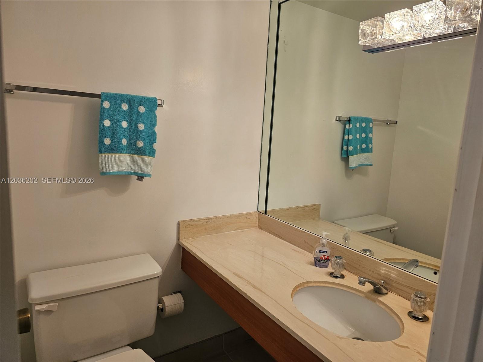 A bathroom features a beige vanity countertop, a white sink, and a wall-mounted towel rack — HALLANDALE BEACH, FL