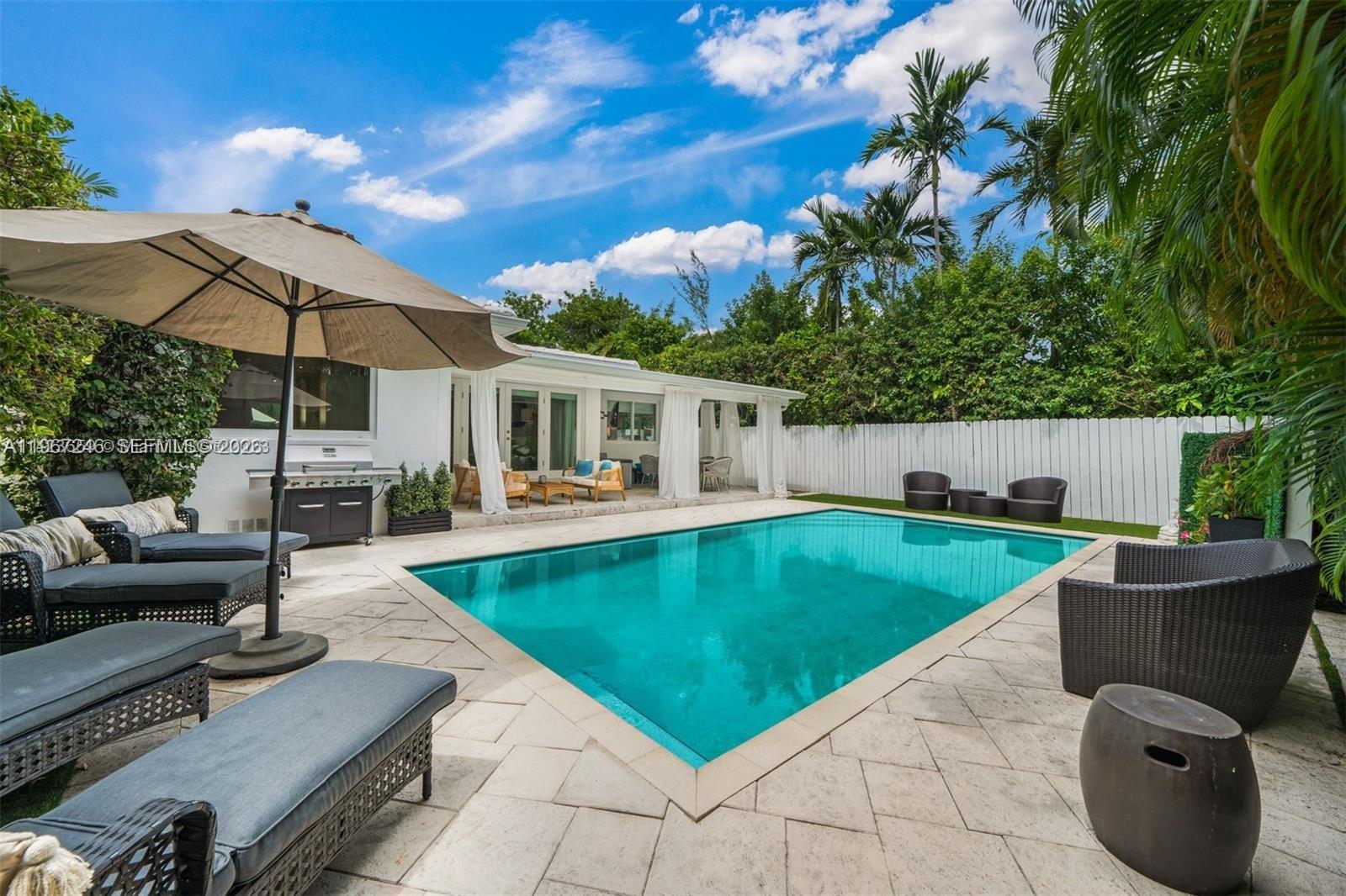 A modern kitchen features glossy taupe cabinets, white quartz countertops, and stainless steel appliances — 736 W 51 st, Miami Beach FL 33140, MIAMI BEACH, FL