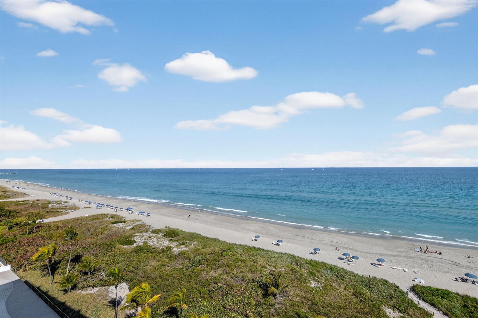 An elevated view of a sandy beach with palm trees and blue umbrellas — 3000 S Ocean Boulevard # 1004, Boca Raton FL 33432, BOCA RATON, FL
