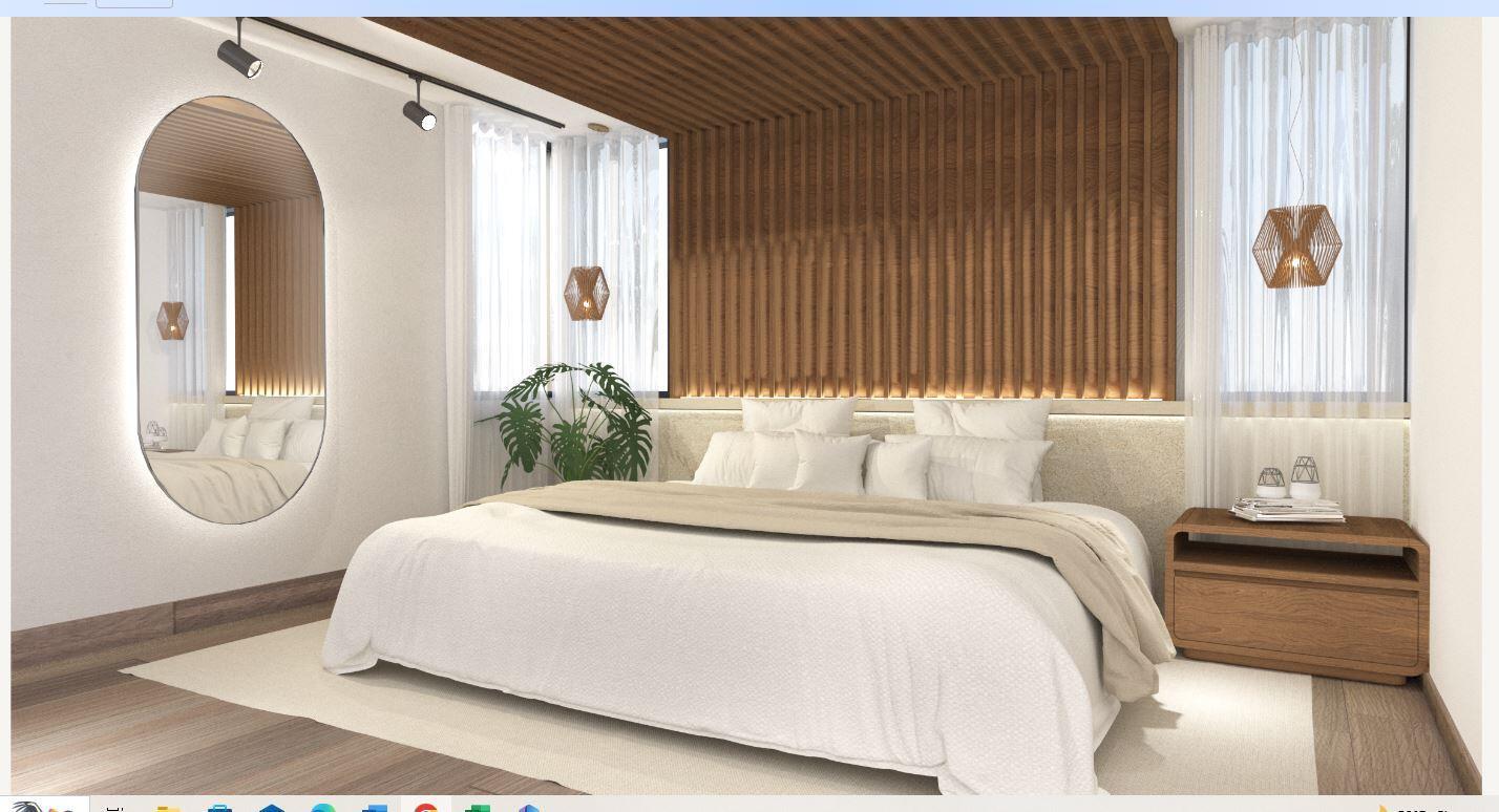 This rendering shows a modern bedroom with a wood-slatted accent wall and a large oval mirror — 2806 10th Avenue N, Lake Worth FL 33461, LAKE WORTH, FL