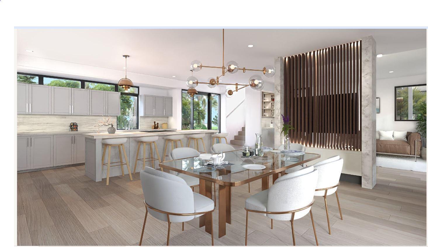 A rendering of an open-concept kitchen and dining area with light cabinetry and wood flooring — 2806 10th Avenue N, Lake Worth FL 33461, LAKE WORTH, FL