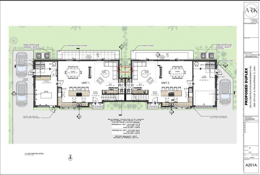 This architectural floor plan shows a proposed duplex with two mirrored units, each featuring a garage and open-concept living space — 2806 10th Avenue N, Lake Worth FL 33461, LAKE WORTH, FL