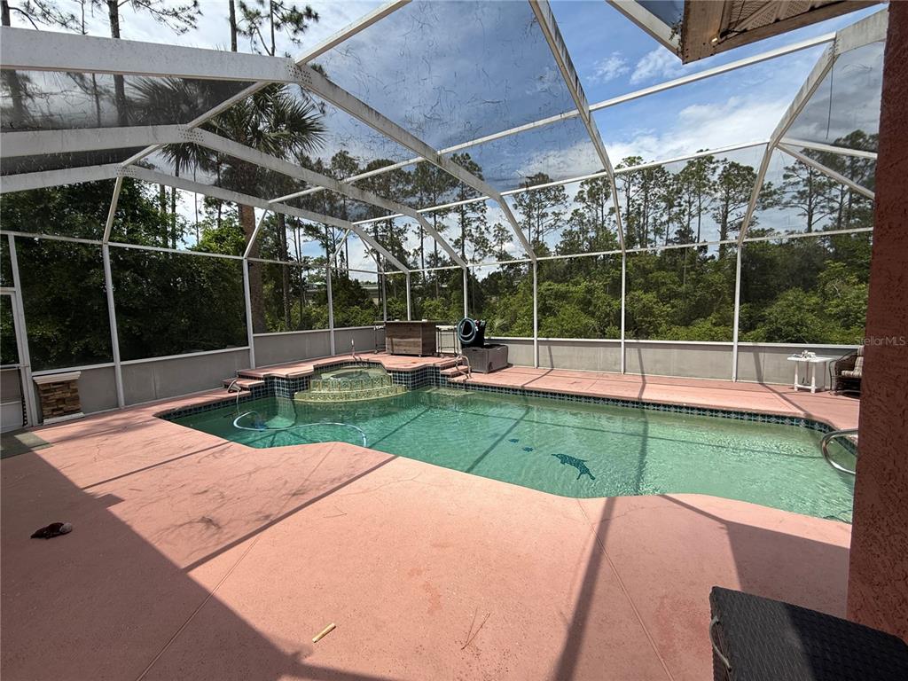 A screened-in swimming pool and spa with a pink concrete deck and surrounding trees — 33 WENDY LANE, PALM COAST, FL