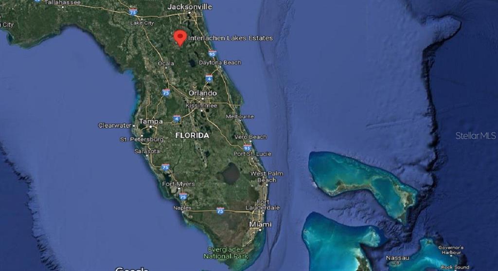 This is a satellite map showing the location of Interlachen Lakes Estates in Florida — 116 TULIP AVENUE, INTERLACHEN, FL