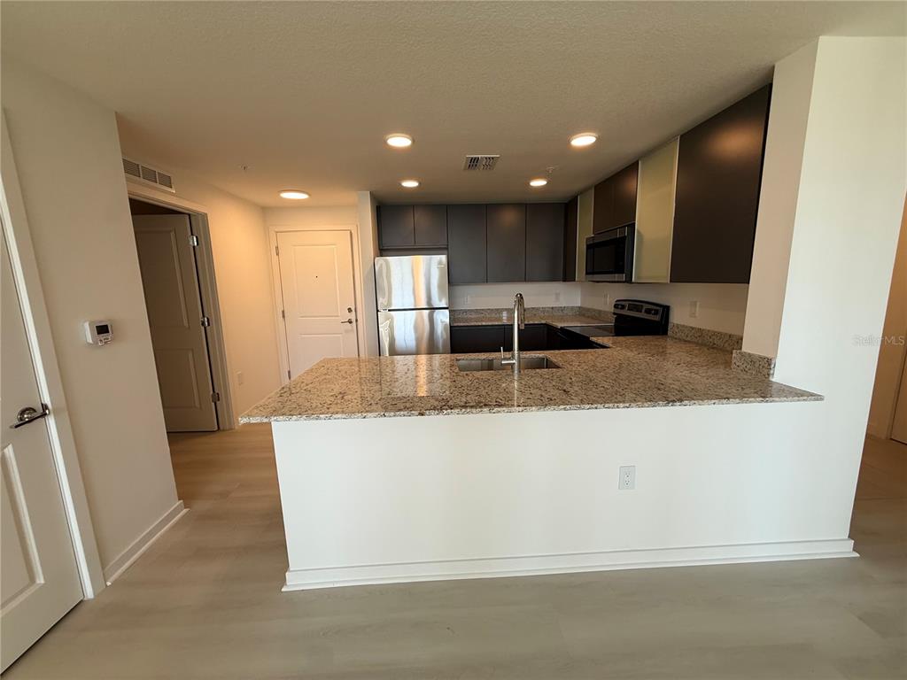 A kitchen features dark cabinets, granite countertops, and a breakfast bar overlooking a living area — 5579 MILLENIA PARK BOULEVARD UNIT 205, ORLANDO, FL