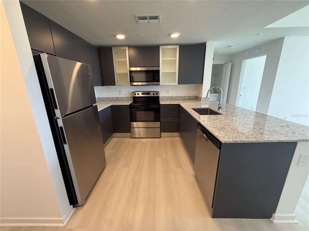 A kitchen features dark gray cabinets, stainless steel appliances, and speckled granite countertops — 5579 MILLENIA PARK BOULEVARD UNIT 205, ORLANDO, FL