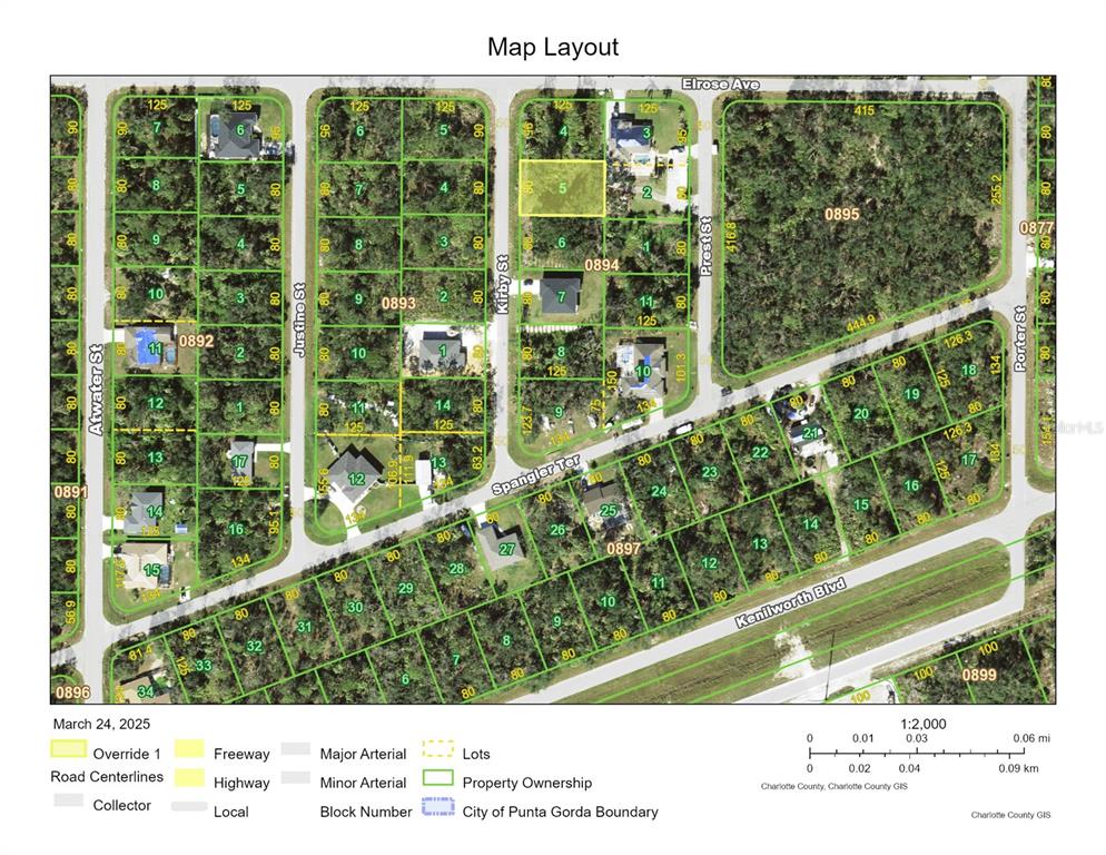 This is a map layout showing property lots, road centerlines, and block numbers in a neighborhood — 134 KIRBY STREET, PORT CHARLOTTE, FL