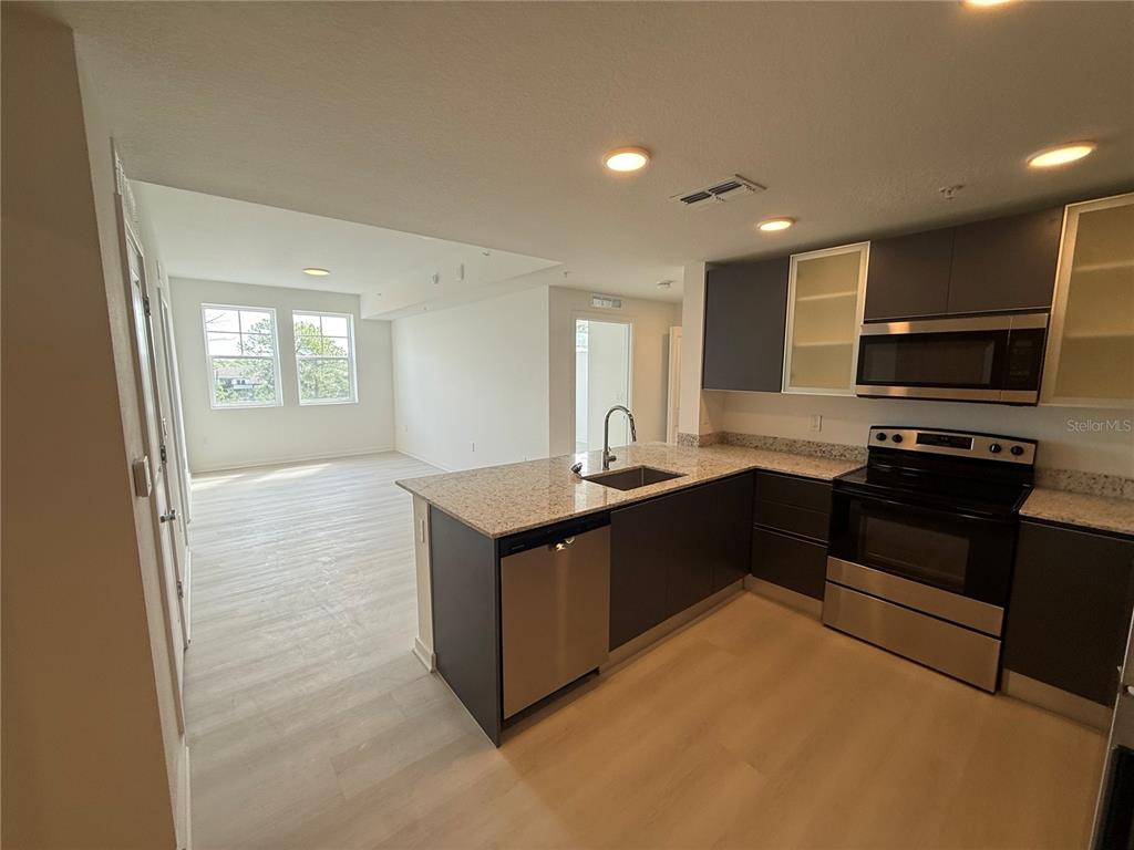 A modern kitchen with dark cabinets, stainless steel appliances, and granite countertops overlooks a living area — 5579 MILLENIA PARK BLVD UNIT 424, ORLANDO, FL