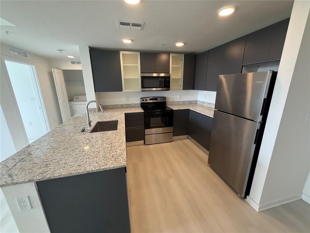 A kitchen features dark cabinets, granite countertops, stainless steel appliances, and light wood-look flooring — 5579 MILLENIA PARK BLVD UNIT 424, ORLANDO, FL