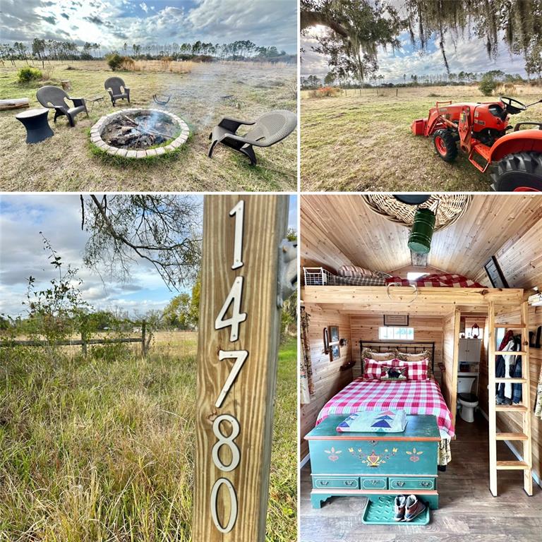 A collage shows a fire pit, a tractor, a house number, and a rustic bedroom interior — 14780 SUGAR BOWL ROAD, MYAKKA CITY, FL