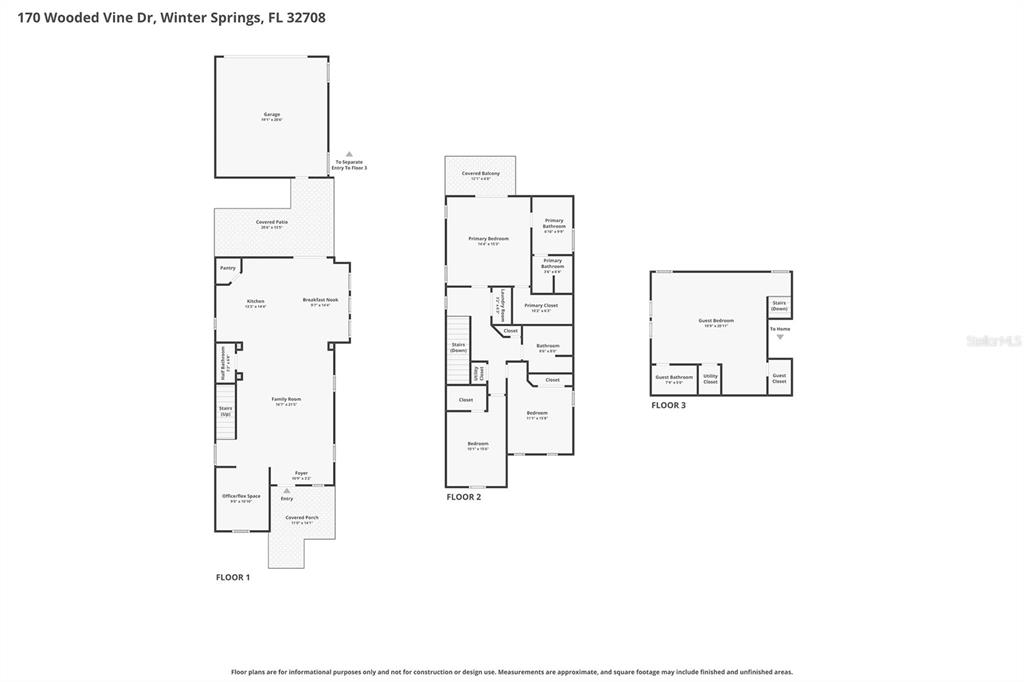 This image is a three-level floor plan showing the layout of a residential home — 170 WOODED VINE DRIVE, WINTER SPRINGS, FL