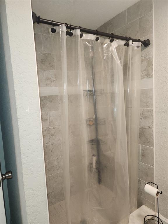 A shower stall features a clear curtain, a tension rod, and gray tiled walls — 2439 LAKEVIEW STREET, LAKELAND, FL