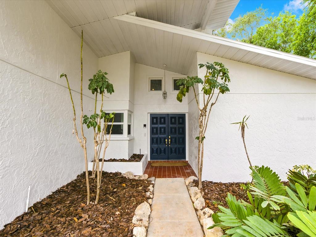A concrete walkway leads to a dark blue double front door under a white roof — 419 WAYFARER COURT, TARPON SPRINGS, FL