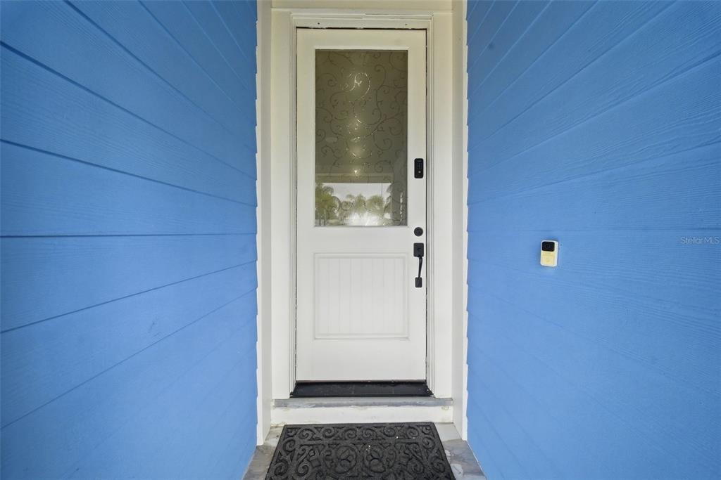 A white front door with a decorative glass panel is set between blue exterior walls — 8722 PALISADES DRIVE, TAMPA, FL