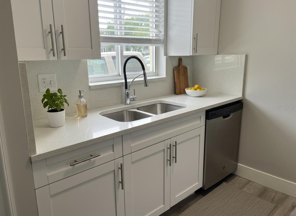 A kitchen features white cabinets, a stainless steel dishwasher, and a double-basin sink — 3206 W AZEELE STREET UNIT 118, TAMPA, FL