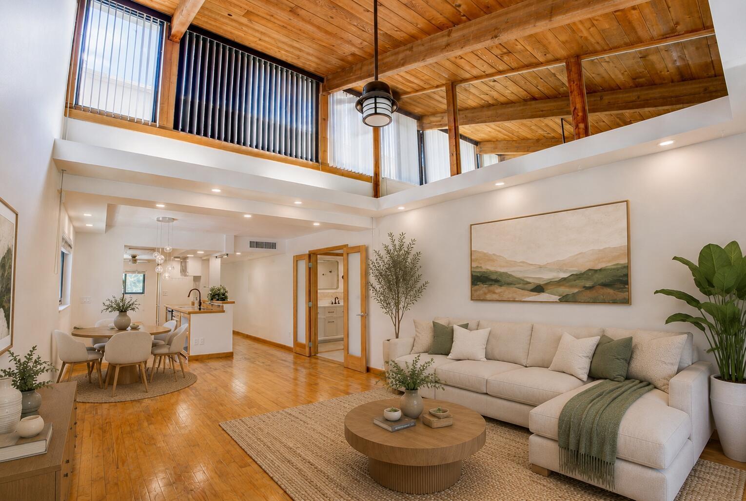 A living room with high wood-beamed ceilings, hardwood floors, and an open-concept dining area — 4491 Crystal Lake Drive # 201a, Pompano Beach FL 33064, POMPANO BEACH, FL