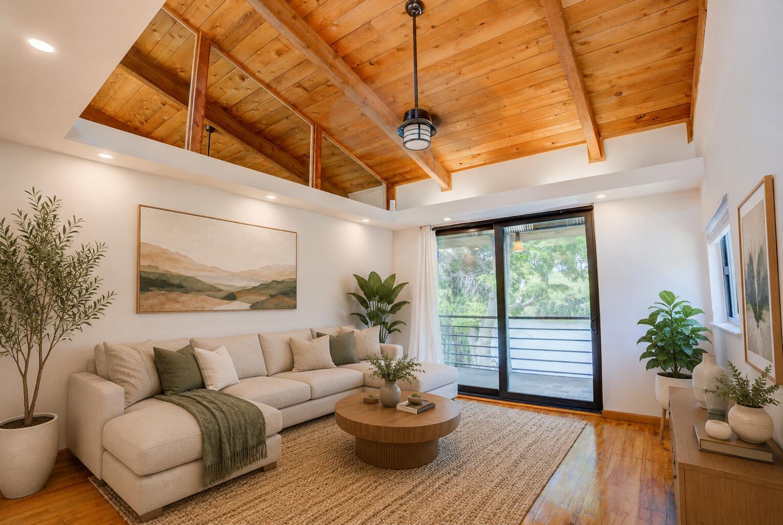 A living room features a vaulted wood-paneled ceiling, a beige sectional sofa, and sliding glass doors — 4491 Crystal Lake Drive # 201a, Pompano Beach FL 33064, POMPANO BEACH, FL