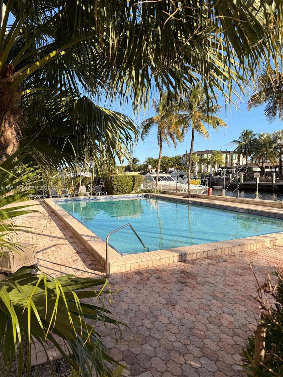 A rectangular swimming pool sits on a brick patio surrounded by palm trees and water — 2350 NE 135th St # 503, North Miami FL 33181, NORTH MIAMI, FL