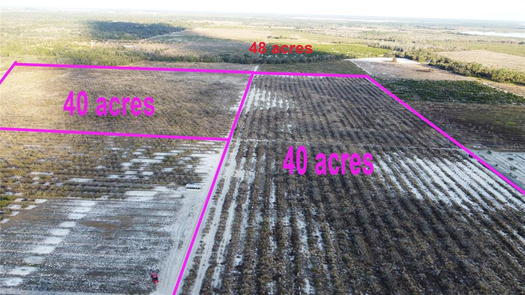 An aerial view shows three adjacent plots of land outlined in pink with acreage labels — 627 RAULERSON ROAD, FROSTPROOF, FL