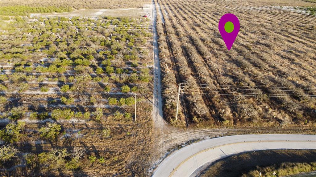 An aerial view shows a dirt road dividing two large agricultural fields with a location marker — 627 RAULERSON ROAD, FROSTPROOF, FL