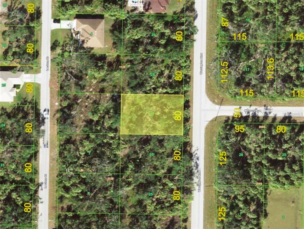 This is a satellite map view showing a highlighted rectangular plot of land — 243 WARRINGTON BOULEVARD, PORT CHARLOTTE, FL
